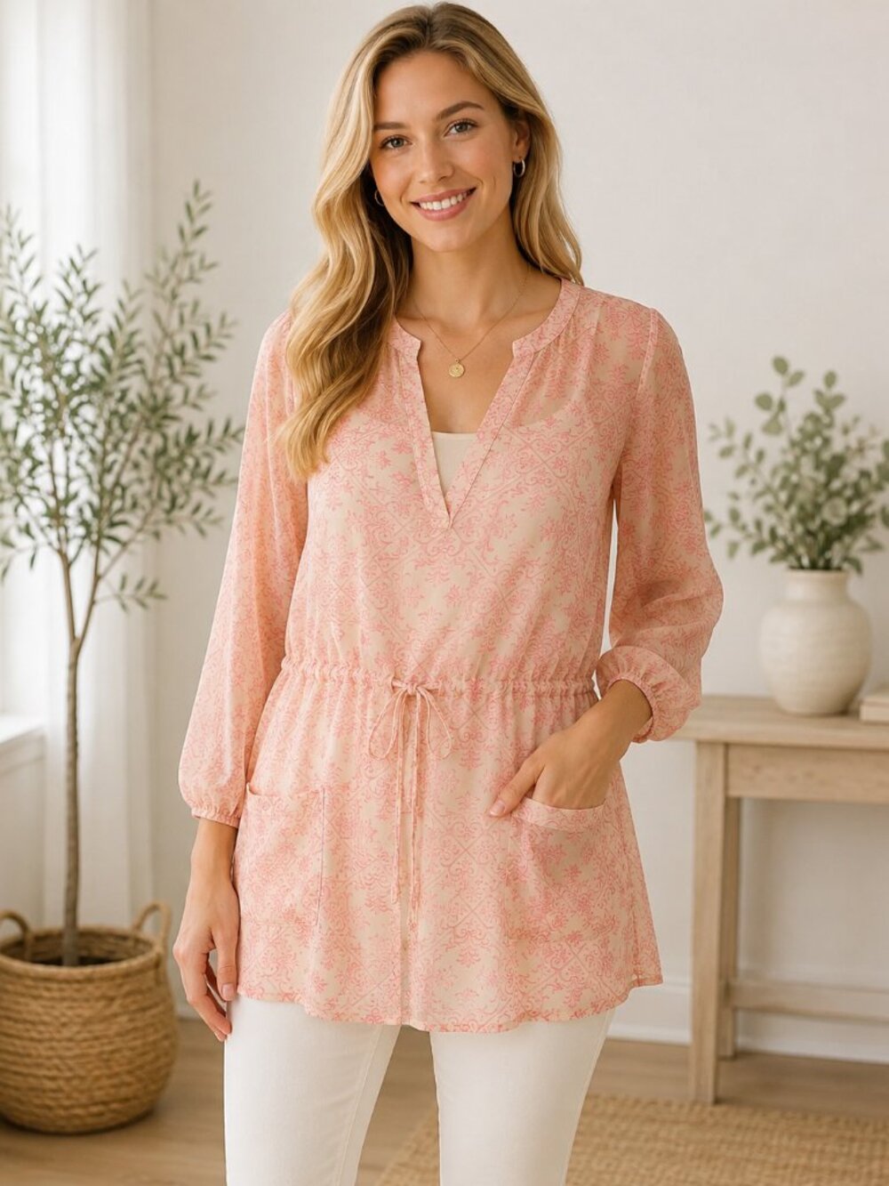 CAbi Women’s Pink Cream Sheer Drawstring Tunic Blouse Size Medium